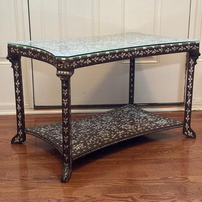 LOT 155: Vintage Mother of Pearl Inlaid Wooden Coffee Table w/Glass Top