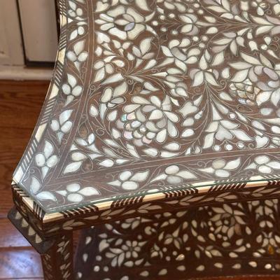 LOT 155: Vintage Mother of Pearl Inlaid Wooden Coffee Table w/Glass Top