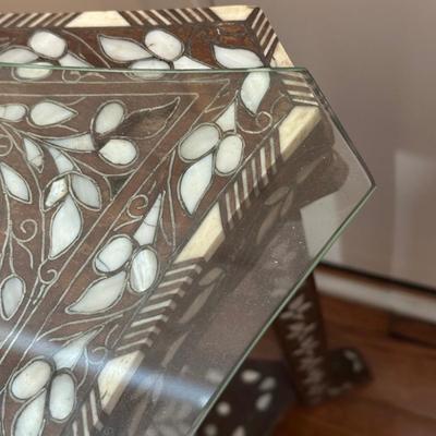 LOT 155: Vintage Mother of Pearl Inlaid Wooden Coffee Table w/Glass Top