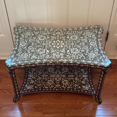 LOT 155: Vintage Mother of Pearl Inlaid Wooden Coffee Table w/Glass Top