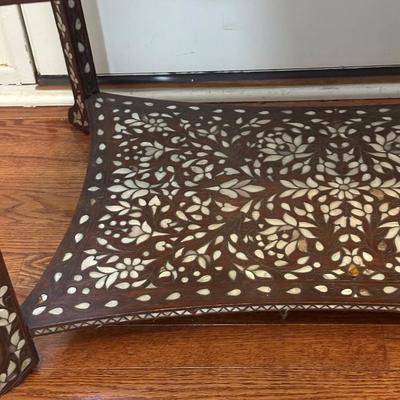 LOT 155: Vintage Mother of Pearl Inlaid Wooden Coffee Table w/Glass Top