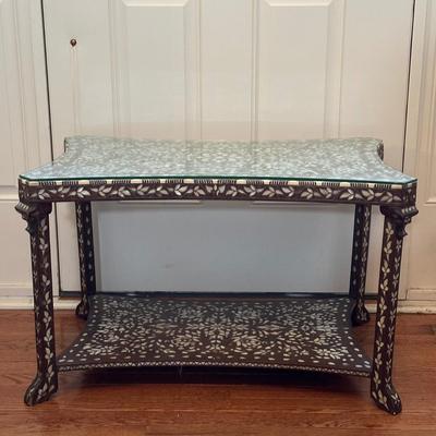 LOT 155: Vintage Mother of Pearl Inlaid Wooden Coffee Table w/Glass Top