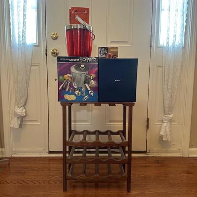 LOT 156: Wine / Bar Collection - Wine Rack, 8 Piece Bar Set, Don’t Break The Bottle & More