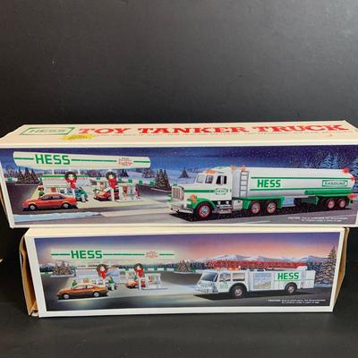 LOT:164: Collection of 3 Hess Trucks and a Collectable Hess Truck Glass - Featuring the Hess First Truck