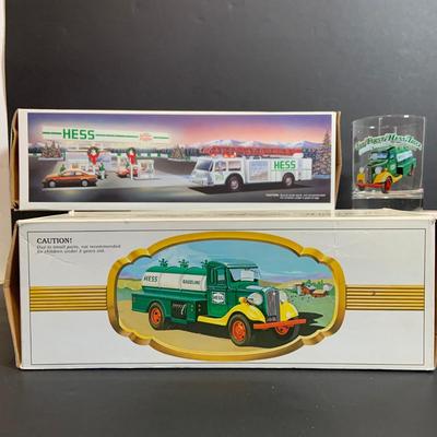 LOT:164: Collection of 3 Hess Trucks and a Collectable Hess Truck Glass - Featuring the Hess First Truck
