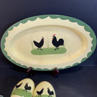 LOT:177: Extra Large Country Kitchen Lot Including Chicken Covered Bowl and 4 Egg Shaped Trinket Boxes Floral Trivets, Dishes and More