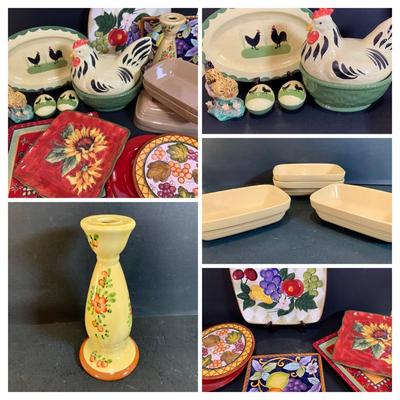 LOT:177: Extra Large Country Kitchen Lot Including Chicken Covered Bowl and 4 Egg Shaped Trinket Boxes Floral Trivets, Dishes and More