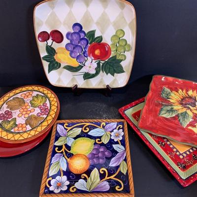 LOT:177: Extra Large Country Kitchen Lot Including Chicken Covered Bowl and 4 Egg Shaped Trinket Boxes Floral Trivets, Dishes and More