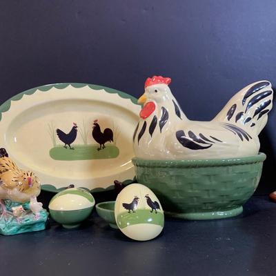 LOT:177: Extra Large Country Kitchen Lot Including Chicken Covered Bowl and 4 Egg Shaped Trinket Boxes Floral Trivets, Dishes and More