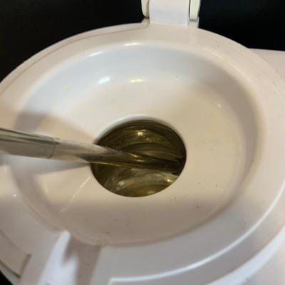 LOT:180: Mid-Century Orange Kitchen Including a Peacock Hot/Cold Twin Air Pot Vacuum Thermos, 70' Style Drinking Glasses and Napkin...