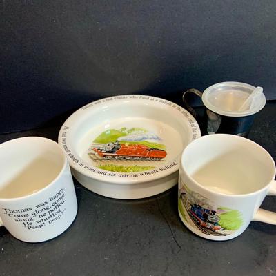 LOT:182: Wedgwood Thomas the Tank Engine Bowl and Mugs and Leonard Silver Plated Sippy Cup