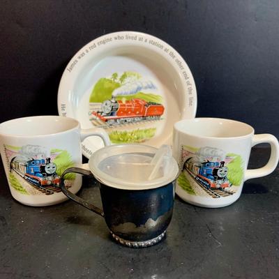 LOT:182: Wedgwood Thomas the Tank Engine Bowl and Mugs and Leonard Silver Plated Sippy Cup