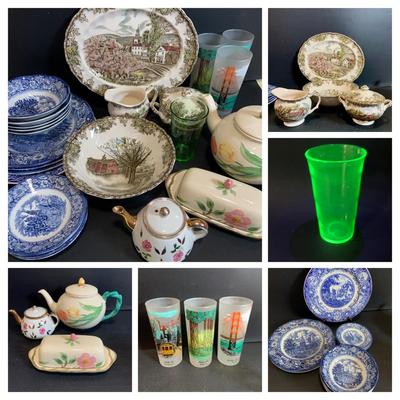 LOT:183: Johnson Brothers, Uranium Glass, Shaffordshire Ironstone, Libbey California Glasses, Franciscan Tea Pot and Butter Dish and More