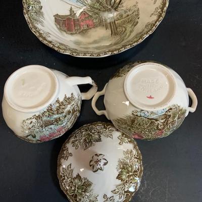 LOT:183: Johnson Brothers, Uranium Glass, Shaffordshire Ironstone, Libbey California Glasses, Franciscan Tea Pot and Butter Dish and More