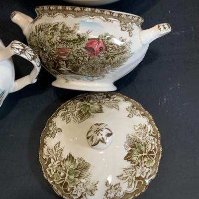 LOT:183: Johnson Brothers, Uranium Glass, Shaffordshire Ironstone, Libbey California Glasses, Franciscan Tea Pot and Butter Dish and More