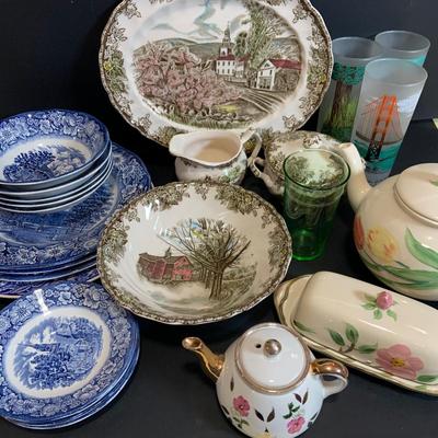LOT:183: Johnson Brothers, Uranium Glass, Shaffordshire Ironstone, Libbey California Glasses, Franciscan Tea Pot and Butter Dish and More