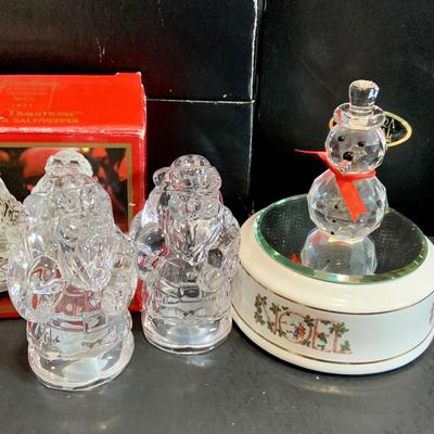 LOT:184: Aurora Crystal Snowman Noel Music Box and Gorham Santa Salt and Pepper Shakers