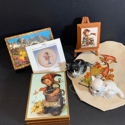 LOT:185: Set of (2) Goebel Kittens and Hummel Music Box, Mini Plate Needlepoint and More