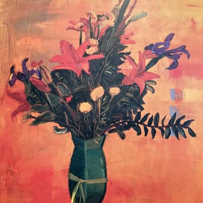 LOT 219: Mid-Century Modern Art, Orange Peg Leg Foot Stool (Babcock Phillips Corporation) and Circle / Dot Fabric