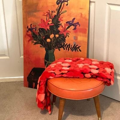LOT 219: Mid-Century Modern Art, Orange Peg Leg Foot Stool (Babcock Phillips Corporation) and Circle / Dot Fabric