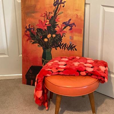LOT 219: Mid-Century Modern Art, Orange Peg Leg Foot Stool (Babcock Phillips Corporation) and Circle / Dot Fabric