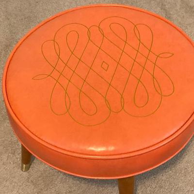 LOT 219: Mid-Century Modern Art, Orange Peg Leg Foot Stool (Babcock Phillips Corporation) and Circle / Dot Fabric