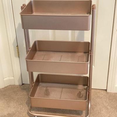 LOT 220: Three Tier Rolling Cart, Giorgio Beverly Hills Style Folding Travel Bag and Four Animal Print Storage Boxes