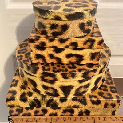 LOT 220: Three Tier Rolling Cart, Giorgio Beverly Hills Style Folding Travel Bag and Four Animal Print Storage Boxes