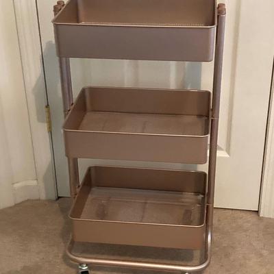 LOT 220: Three Tier Rolling Cart, Giorgio Beverly Hills Style Folding Travel Bag and Four Animal Print Storage Boxes