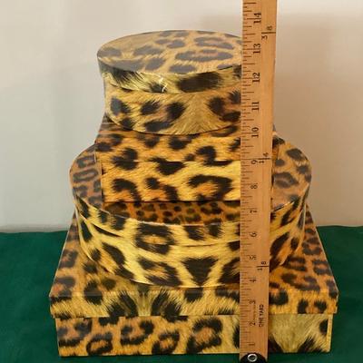 LOT 220: Three Tier Rolling Cart, Giorgio Beverly Hills Style Folding Travel Bag and Four Animal Print Storage Boxes