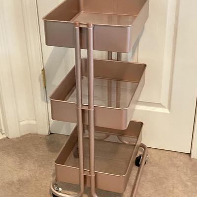 LOT 220: Three Tier Rolling Cart, Giorgio Beverly Hills Style Folding Travel Bag and Four Animal Print Storage Boxes