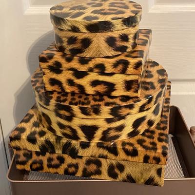 LOT 220: Three Tier Rolling Cart, Giorgio Beverly Hills Style Folding Travel Bag and Four Animal Print Storage Boxes