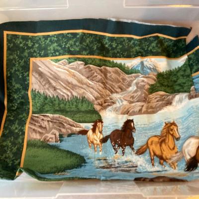 LOT 222: Sewing Collection - Fabric (Vintage / Novelty and More), Storage Containers, Spool Holders and Sewing Guide Book