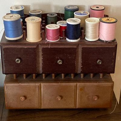 LOT 222: Sewing Collection - Fabric (Vintage / Novelty and More), Storage Containers, Spool Holders and Sewing Guide Book