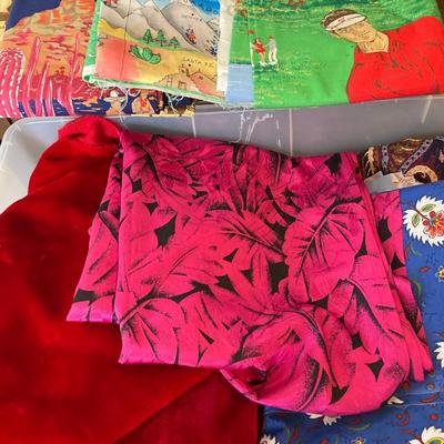 LOT 222: Sewing Collection - Fabric (Vintage / Novelty and More), Storage Containers, Spool Holders and Sewing Guide Book