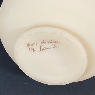 LOT 224: Satin Ruffled Top Hand Painted Fenton Vase and Floral Trinket Box