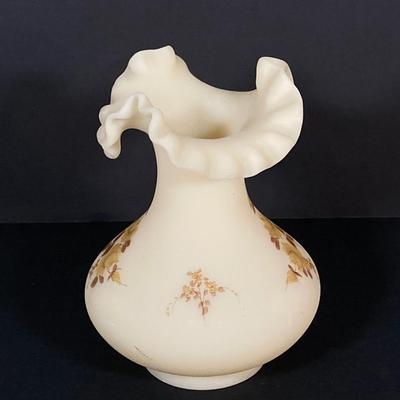 LOT 224: Satin Ruffled Top Hand Painted Fenton Vase and Floral Trinket Box