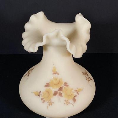 LOT 224: Satin Ruffled Top Hand Painted Fenton Vase and Floral Trinket Box
