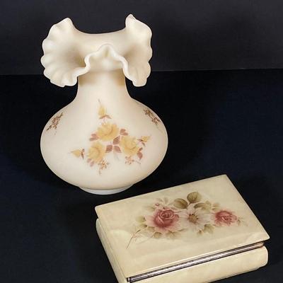 LOT 224: Satin Ruffled Top Hand Painted Fenton Vase and Floral Trinket Box