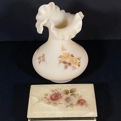 LOT 224: Satin Ruffled Top Hand Painted Fenton Vase and Floral Trinket Box