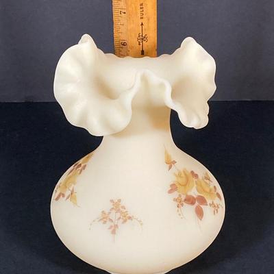 LOT 224: Satin Ruffled Top Hand Painted Fenton Vase and Floral Trinket Box