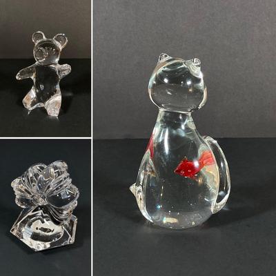 LOT 227: Collection of Crystal Figurines - Cat with Goldfish, Daum France Teddy Bear and WMF Flower
