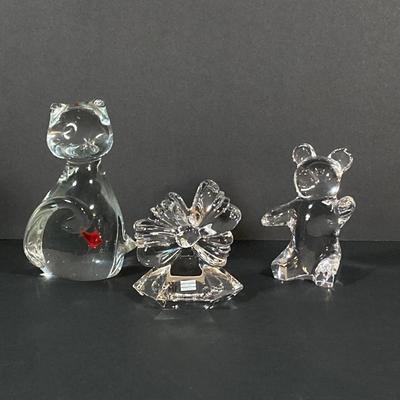LOT 227: Collection of Crystal Figurines - Cat with Goldfish, Daum France Teddy Bear and WMF Flower