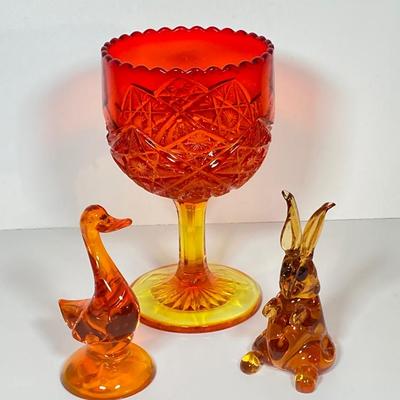 LOT 228: Orange / Yellow Cut Glass Bowl, Orange Duck and Amber Bunny Rabbit Figurines