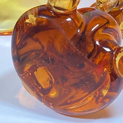 LOT 228: Orange / Yellow Cut Glass Bowl, Orange Duck and Amber Bunny Rabbit Figurines