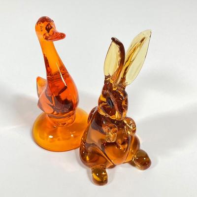 LOT 228: Orange / Yellow Cut Glass Bowl, Orange Duck and Amber Bunny Rabbit Figurines