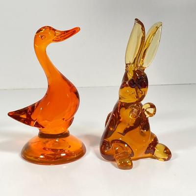 LOT 228: Orange / Yellow Cut Glass Bowl, Orange Duck and Amber Bunny Rabbit Figurines