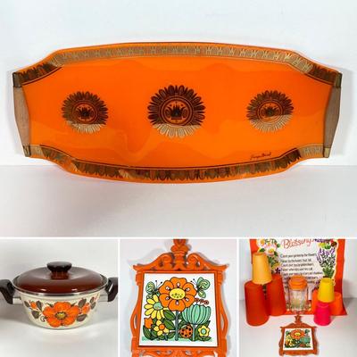 LOT 231: Mid-Century Modern Kitchen Collection - Serving Tray, Sanko-Ware Show Pan, Painted Trivet, Ikea Plastic Drinking Cups