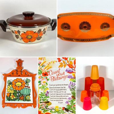 LOT 231: Mid-Century Modern Kitchen Collection - Serving Tray, Sanko-Ware Show Pan, Painted Trivet, Ikea Plastic Drinking Cups