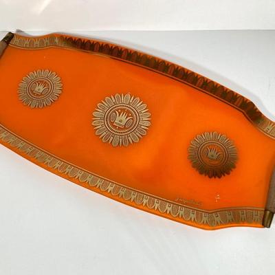 LOT 231: Mid-Century Modern Kitchen Collection - Serving Tray, Sanko-Ware Show Pan, Painted Trivet, Ikea Plastic Drinking Cups